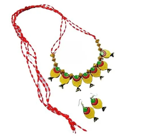 Fashweave Elegant Handcrafted Terracotta Collar Necklace Set For Women Girls (Yellow)