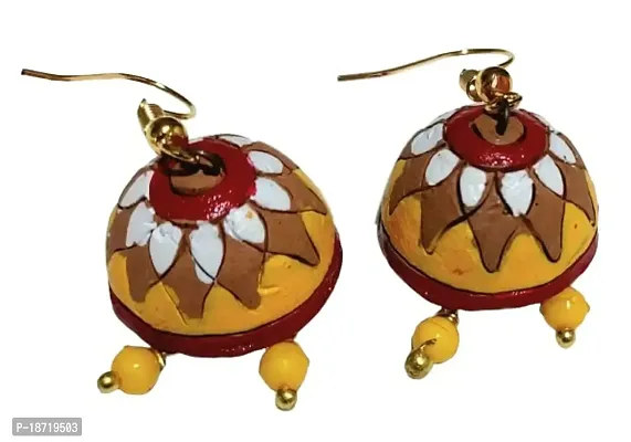 Fashweave Terracotta Small Jhumka Design Earrings Violet Colour (Yellow Brown  White)-thumb0