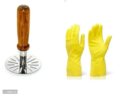 Useful Wooden Handle Masher And Rubber Gloves Set- Pack Of 2-thumb0