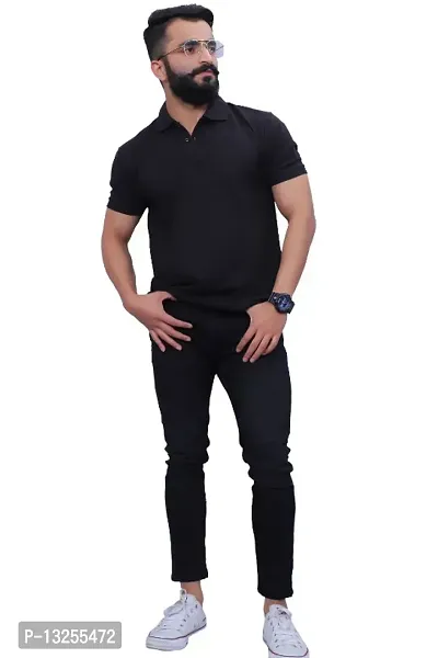 BLACK COLOR REGULAR FIT POLO T SHIRT-thumb2