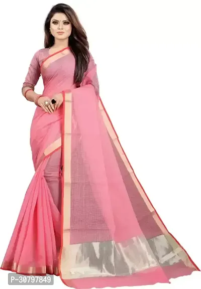 Stylish Cotton Silk Pink Saree with Blouse piece For Women-thumb0