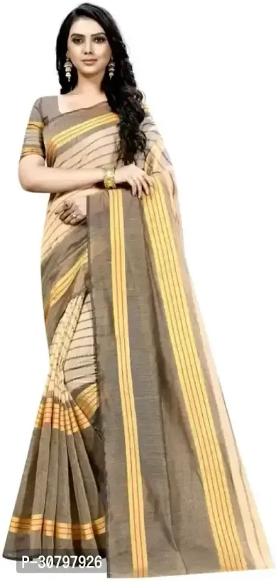 Stylish Cotton Silk Golden Saree with Blouse piece For Women-thumb0