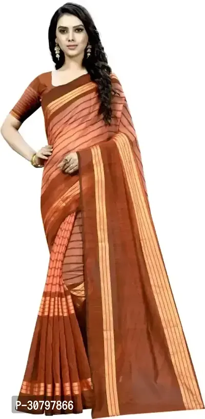 Stylish Cotton Silk Orange Saree with Blouse piece For Women-thumb0