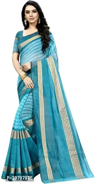 Stylish Cotton Silk Blue Saree with Blouse piece For Women-thumb0