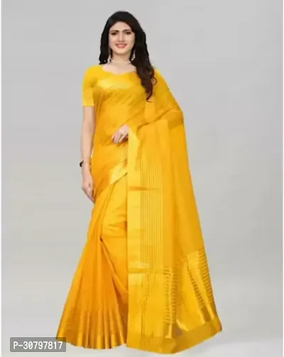 Stylish Cotton Silk Yellow Saree with Blouse piece For Women-thumb0