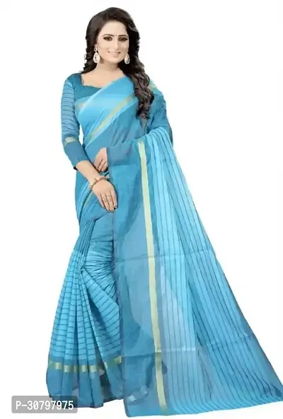 Stylish Cotton Silk Blue Saree with Blouse piece For Women