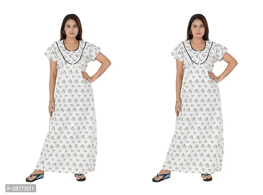 Stylish White Cotton Printed Nighty For Women pack Of 2
