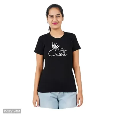 Womens Cotton Regular Fit Half Sleeve Selfie Queen Printed Casual Tshirt Black-thumb0