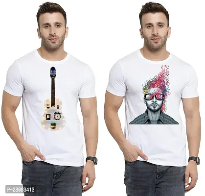 Stylish White Cotton Printed Round Neck T-Shirt For Men Pack Of 2-thumb0