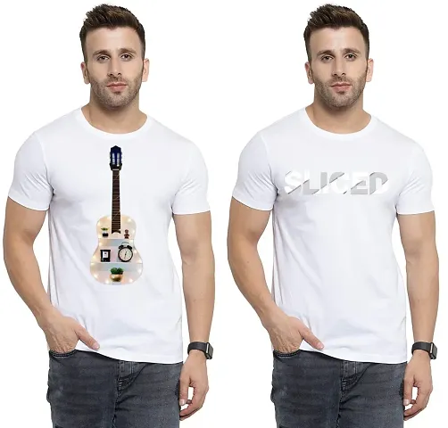 Stylish White Cotton Printed Round Neck T-Shirt For Men Pack Of 2