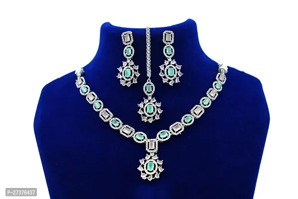 GlamAura American Diamond Studded Necklace, Maang Tikka And Earrings Jewellery Set For Women-thumb0