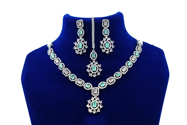 GlamAura American Diamond Studded Necklace, Maang Tikka And Earrings Jewellery Set For Women