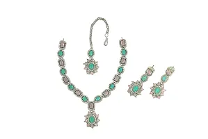 GlamAura American Diamond Studded Necklace, Maang Tikka And Earrings Jewellery Set For Women-thumb1