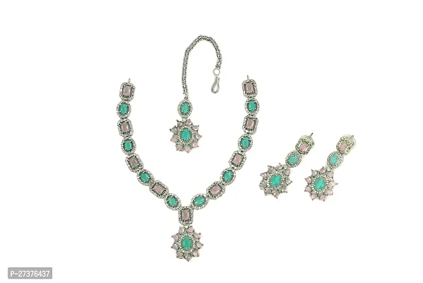 GlamAura American Diamond Studded Necklace, Maang Tikka And Earrings Jewellery Set For Women-thumb2