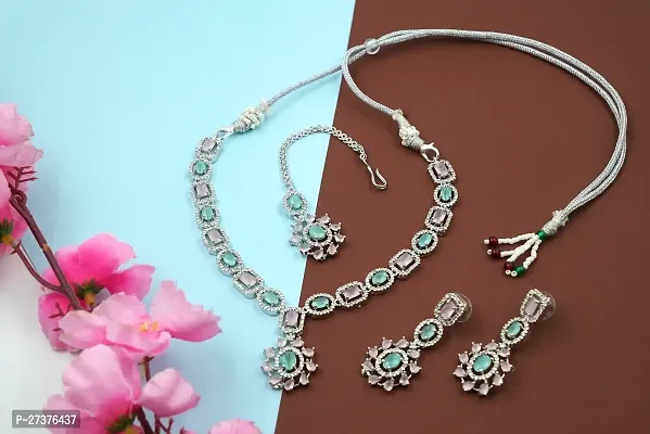 GlamAura American Diamond Studded Necklace, Maang Tikka And Earrings Jewellery Set For Women-thumb3