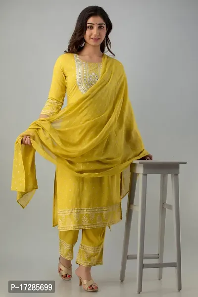 Women Stylish Rayon Kurta With Pant And Dupatta