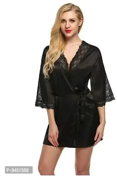 Iconic Deeva Women's Babydoll Robe with Net Detailing, Women Kimono Nightgown Nightdress with Robe - Free Size Black-thumb0