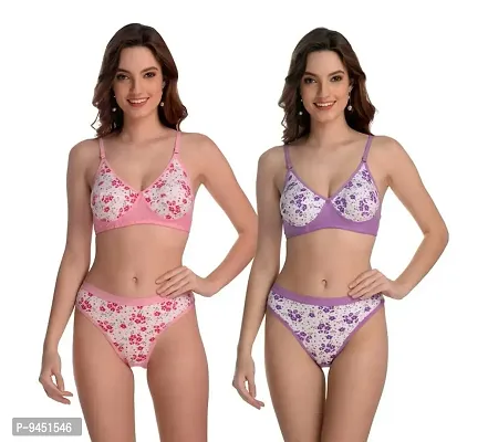 Iconic Deeva Cotton Panty Cotton Bras Set for Girl's , Floral Printed Women Lingerie Innerwear Underwear Set for Everyday Use, Pure Cotton Bra  Penty Set of 2-thumb0