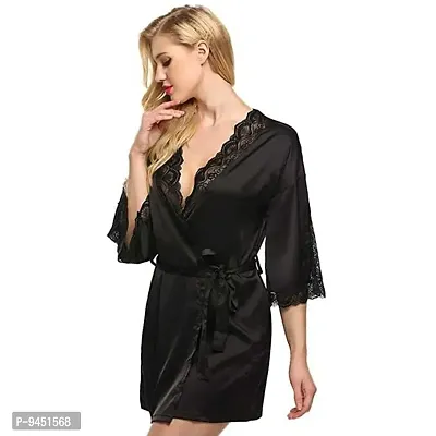 Iconic Deeva Women's Babydoll Robe with Net Detailing, Women Kimono Nightgown Nightdress with Robe - Free Size Black-thumb4