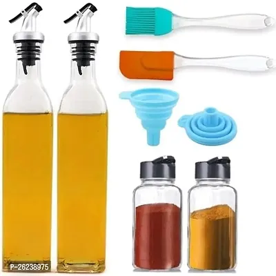 PRIT ENTERPRISE 500ml Glass Oil Dispenser Combo Pack Of 2, 120ml Glass Spice Jars Pack Of 2, Oil Brush Spatula Combo (Multicolour)  Foldable Funnel For Bottle Filling (Multicolour)
