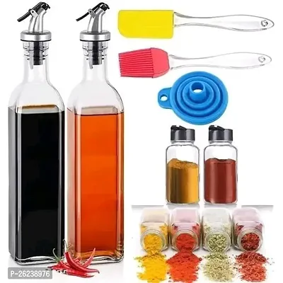 PRIT ENTERPRISE 500ml Glass Oil Dispenser Combo Pack Of 2, 120ml Glass Spice Jars Pack Of 2, Oil Brush Spatula Combo (Multicolour)  Foldable Funnel For Bottle Filling (Multicolour)