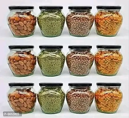 crystal Clear Matka Shaped Glass Jar for Storage of Spices and Dry Fruit, Air Tight Leak Proof Black Metal Lid Glass Jar 350ml Pack of (12 pcs.)-thumb0