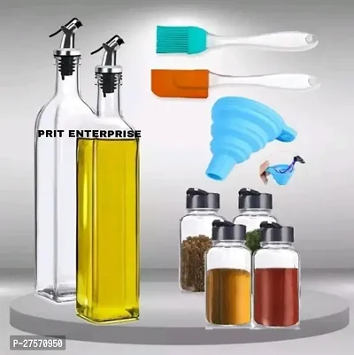 Oil Dispenser Bottle for Kitchen,Oil 500ml Pack Of 2,Spice Jar 120ml Pack Of 4, Funnel-1 (Multicolour) With Oil Brush-1,Spatula-1Combo (Pack Of 9)
