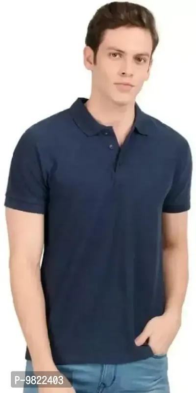 Men Solid Polo Neck Navy Blue T-Shirt-thumb0