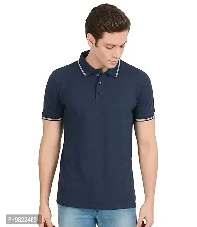 Men Solid Polo Neck Navy Blue T-Shirt-thumb0