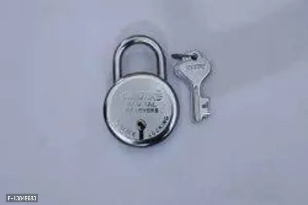 lock and keys door lock for home round  padlock with keys and 1 key chain antitheft double locking  lever gate, shop shutter finish silver Good for rental Apartment hostel-thumb0