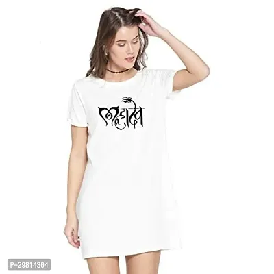 Trendy White Cotton Blend Printed T-Shirt Dress For Women-thumb0