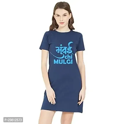 Trendy Navy Blue Cotton Blend Printed T-Shirt Dress For Women-thumb0