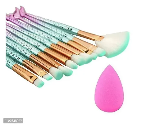 Women's  Girl's 10 Pcs Mermaid Fish Tale Makeup Brushes Set and 1 Pink Beauty Blender - (Pack of 11)