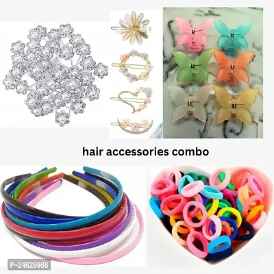 Hair accessories combo pack of 5 items for women and girls hair (12 hair bun pin fancy, 4 moon heart clip, 6 butterfly plastic clutcher, 12 hair band multi, 100 rubber band multi) multicolor-thumb0