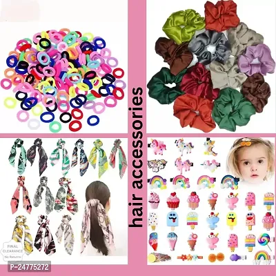 Women and girl hair accessories combo pack of 100 multi rubber band, 6 scrunches band, 6 multi ribbon latkan, 20 unicorn pin baby girl hair mix design multicolor