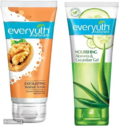 Everyuth Exfoliating Walnut Scrub, 50gm and Nourishing Aloe Vera  Cucumber Gel, 50gm, Combo Pack-thumb0