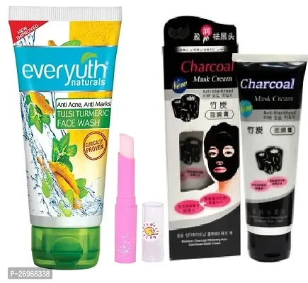 Everyuth Tulsi Face Wash + Pink Magic Lip Balm + Charcoal Mask Cream Combo