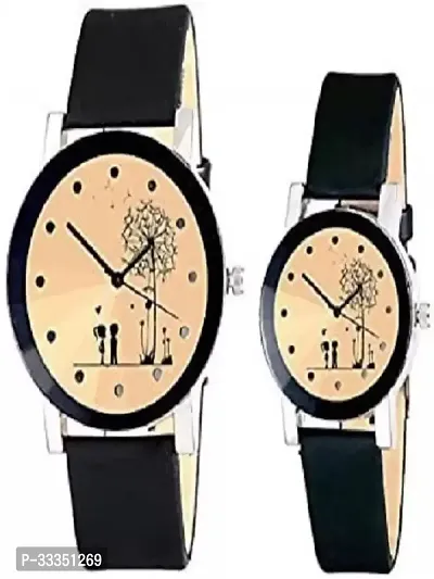 Stylish Black Leather Analog Couple Watch Pack Of 2-thumb0