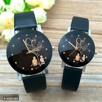 Stylish Black Leather Analog Couple Watch Pack Of 2-thumb2