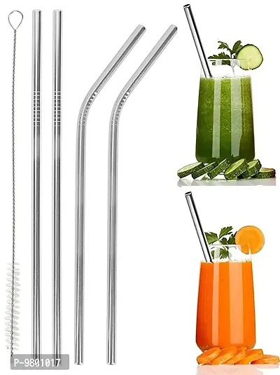 Steel Straws with Cleaning Brush for Drinking Juice Metal Stainless Steel Straw   Set of 5  Silver-thumb0