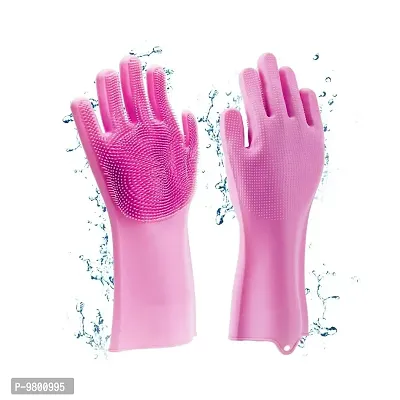 Silicone Scrub Cleaning Hand Gloves for Dish Washing  Car Washing  Bathroom and Pet Grooming  Latex Free  pack of 1  Pink-thumb0