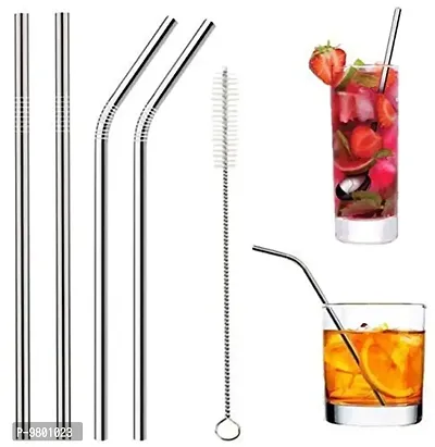 2 Bent 2 Straight 1 Brushes Stainless Steel Straws for Drinking with Brushes  Set of 5  Silver-thumb0