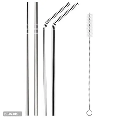 Stainless Steel Straws for Drinking with Brushes 2 Bent 2 Straight 1 Brushes  Set of 5  Silver