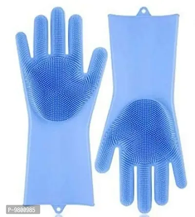 Silicone Cleaning Hand Gloves for Kitchen Dishwashing and Pet Grooming  Washing Dish  Pack of 1  Blue