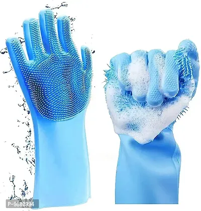 Silicone Cleaning Hand Gloves for Kitchen Dishwashing and Pet Grooming  Washing Dish  Car  Bathroom  pack of 1  Blue-thumb0