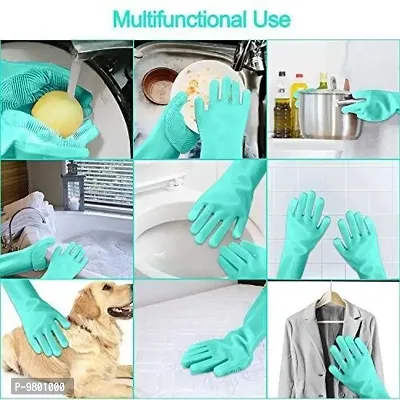 silicone Hand gloves for dish washing kitchen Bathroom Car cleaning and Pet Grooming  Pack of 1  Multicolor-thumb2