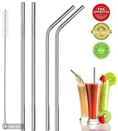 Pack of 5 Stainless Steel Straws with Cleaning Brush Reusable Straws BPA-Free  Set of 5  Silver