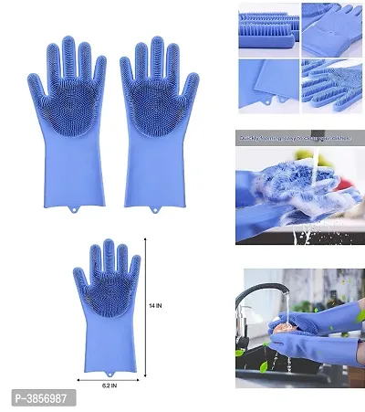 Silicone Reusable Gloves for Dishwashing, Kitchen Cleaning, Utensil Scrubber, Car Washing, Bathroom Cleaner, Pet Grooming (1 Pair) Wet and Dry Glove (Free Size)-thumb0