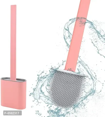 Silicon Toilet Brush with Wall mounting Sticker Slim Holder Flex Toilet Brush Anti-drip Set Toilet Bowl Cleaner Brush, No-Slip Long Handle Soft Silicone Toilet Brush (Multi Color)-thumb0