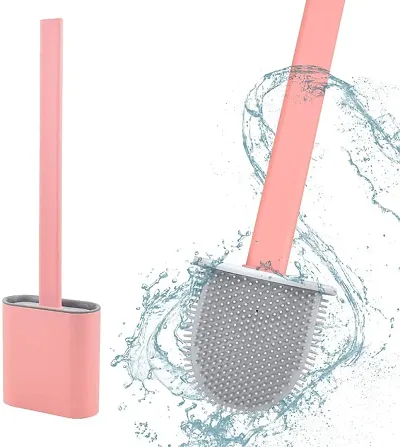 Silicon Toilet Brush with Wall mounting Sticker Slim Holder Flex Toilet Brush Anti-drip Set Toilet Bowl Cleaner Brush, No-Slip Long Handle Soft Silicone Toilet Brush (Multi Color)